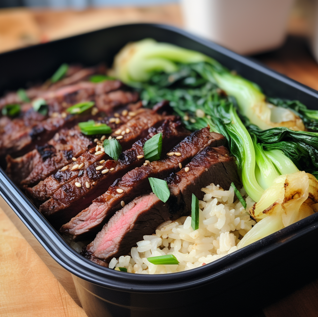 Asian Steak Strips over Bok Choy and Garlic Rice