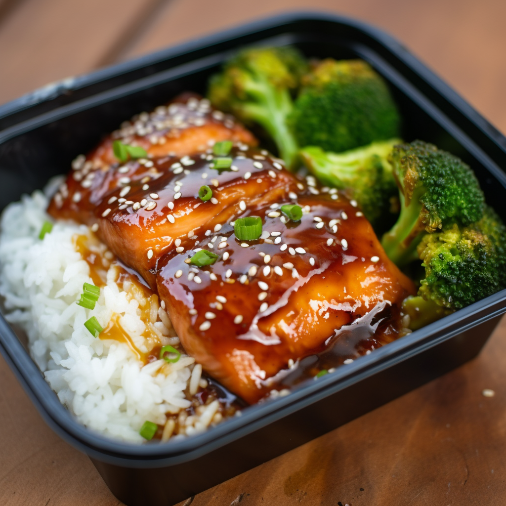 Teriyaki Glazed Salmon with Steamed White Rice Paired with Broccoli
