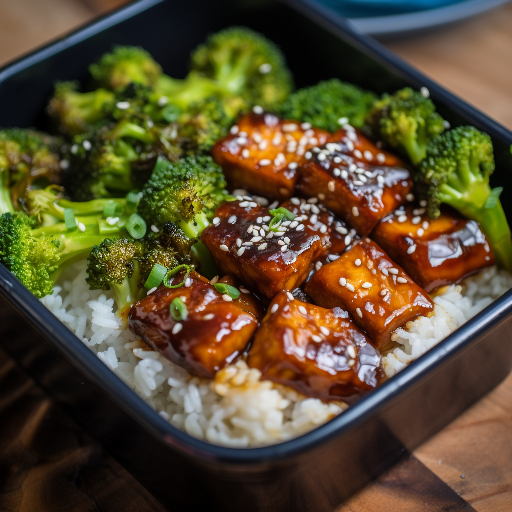 Teriyaki Glazed Tofu with Steamed White Rice Paired with Broccoli