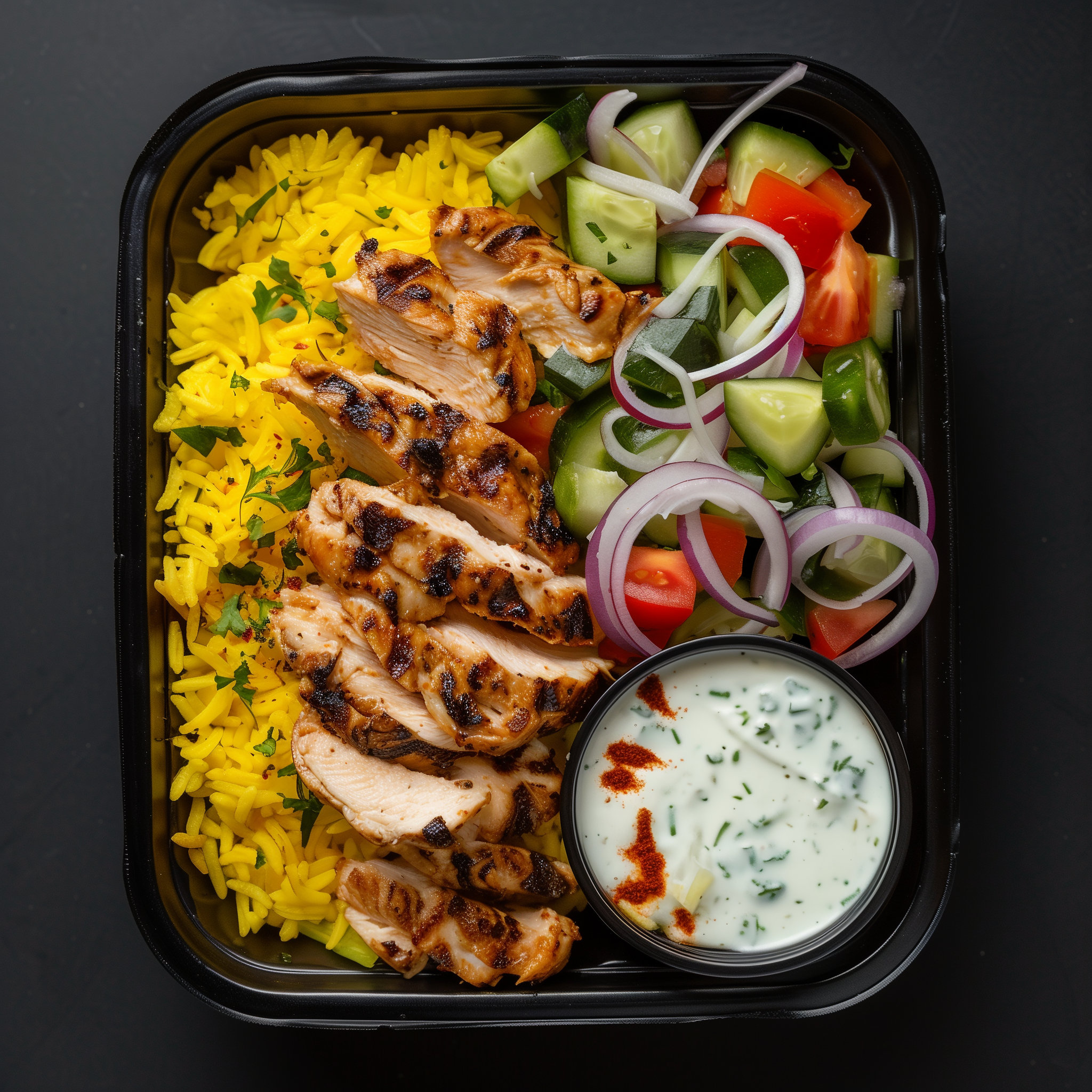 Chicken Gyro Bowl with Saffron Rice and Tzatziki