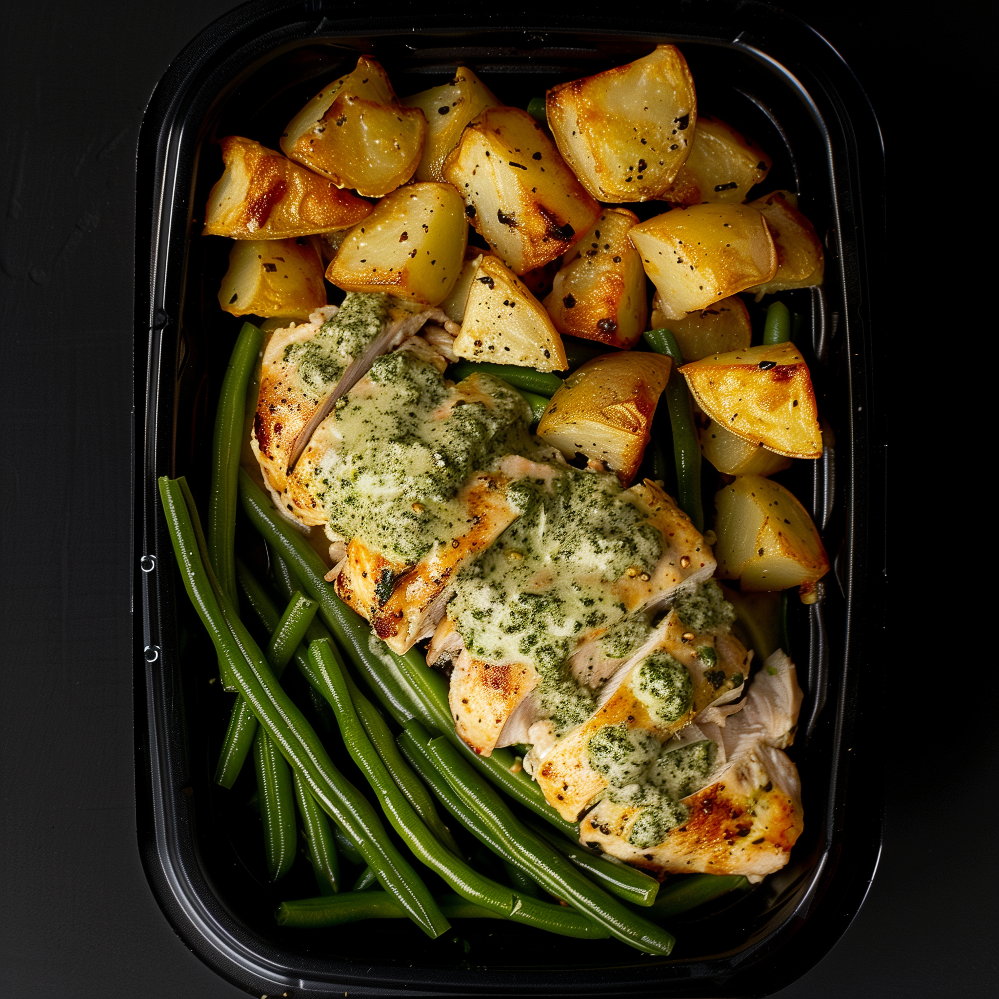 Creamy Pesto Coated Chicken Breast over Green Beans and Potatoes
