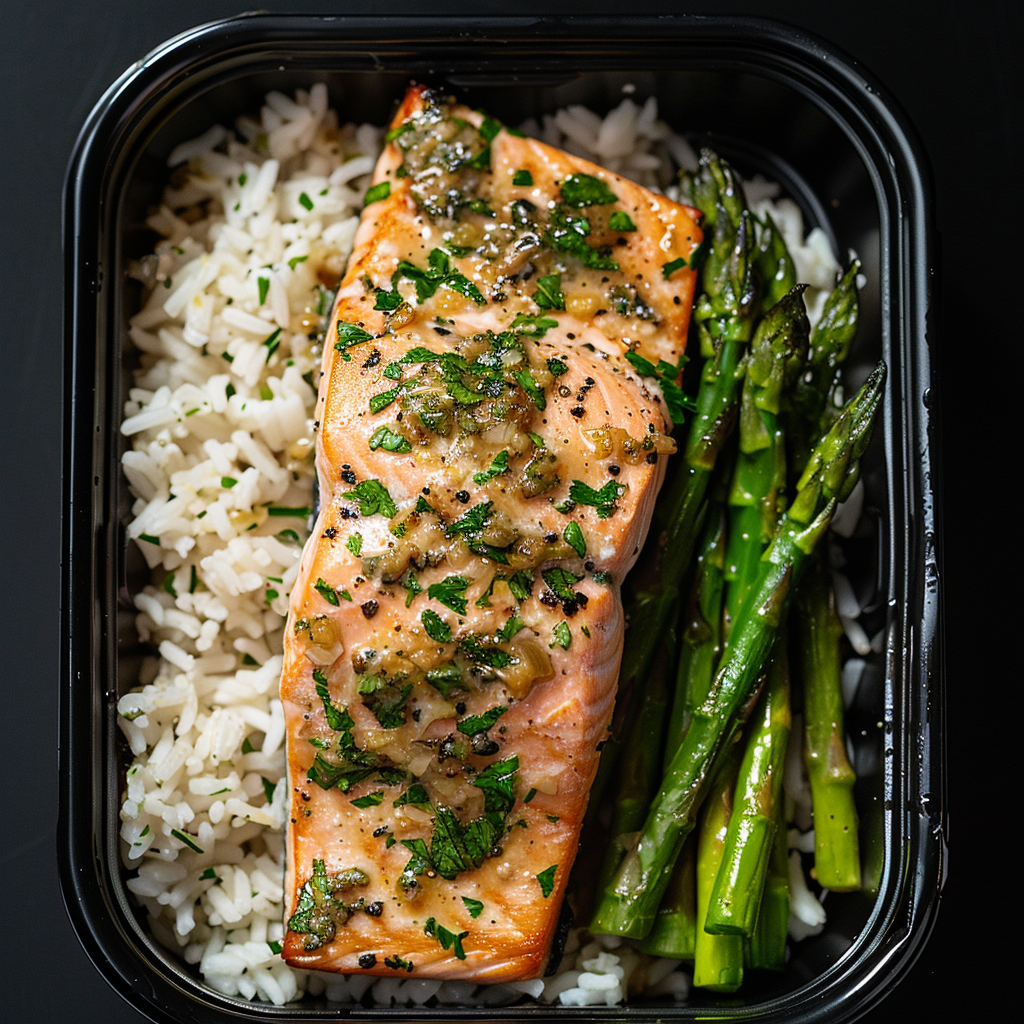 Garlic Dijon and Herb Baked Salmon over Steamed Rice and Asparagus