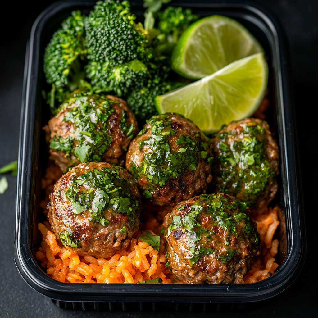 Cuban Mojo Ground Beef Meatballs Paired with Hispanic Rice and Broccoli