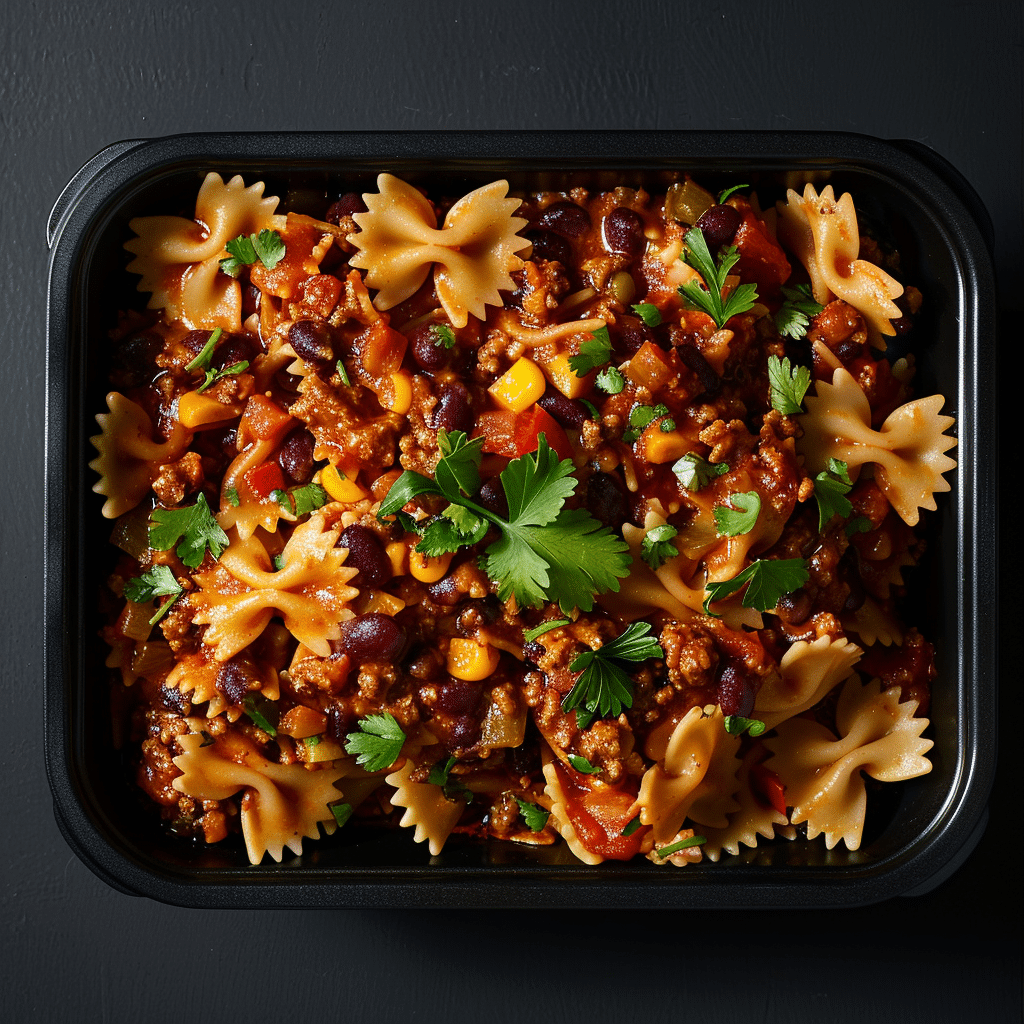 Ground Turkey Chili over Bow Tie Pasta