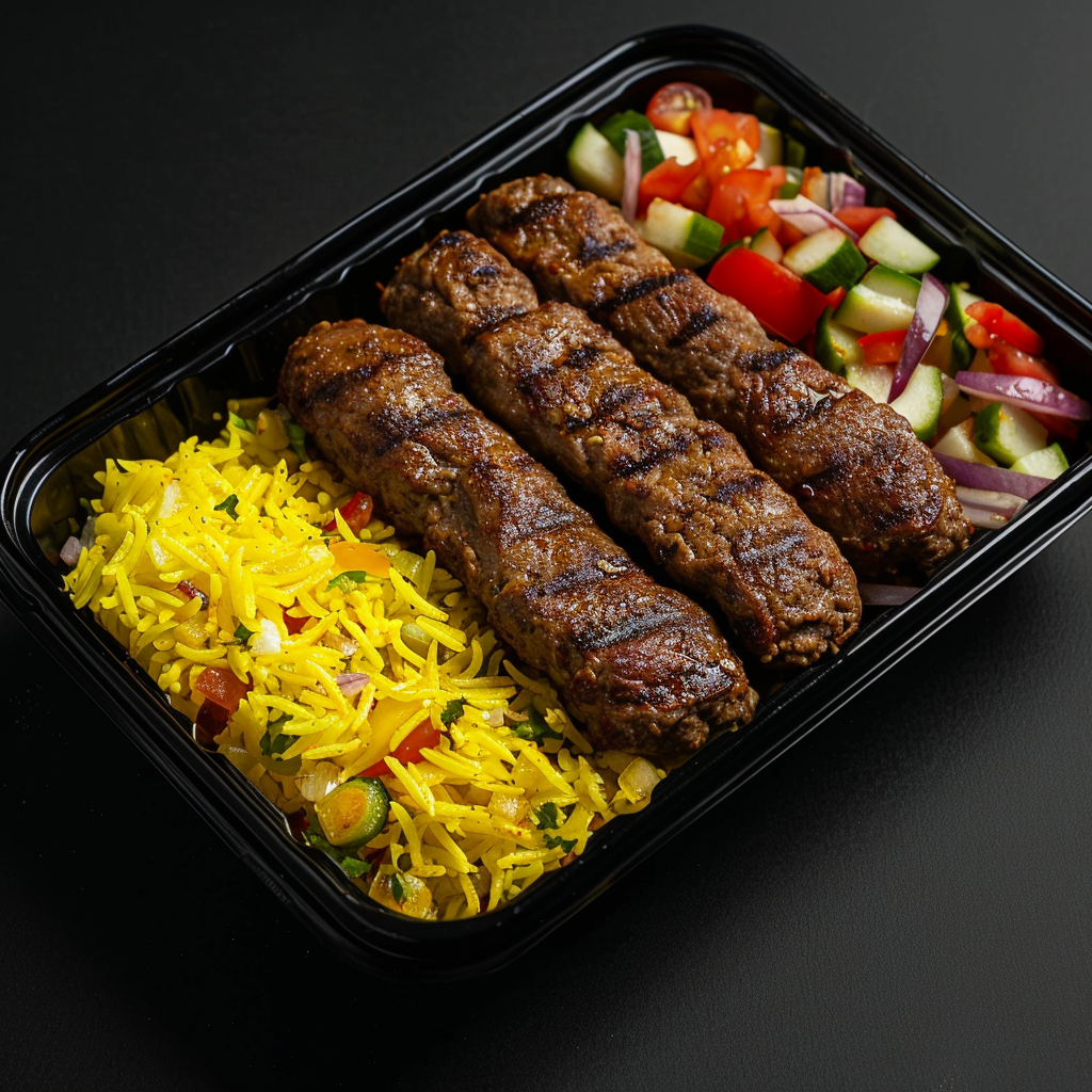 Beef Koobideh Kebab with Saffron Rice and Fresh Vegetables