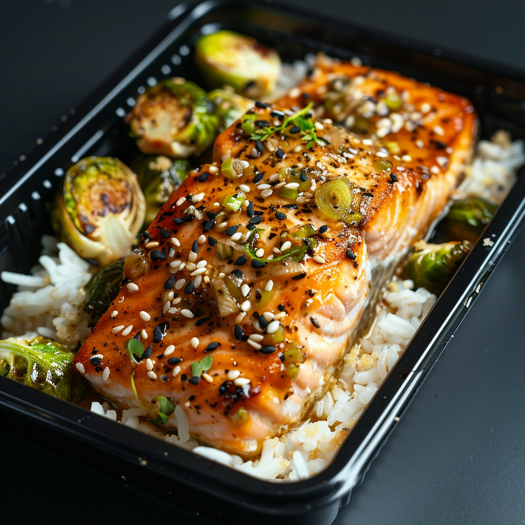 Honey Glazed Sesame Salmon over Steamed Rice and Brussel Sprouts