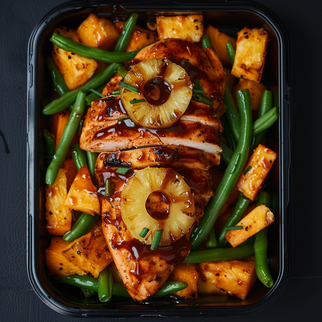 Pineapple BBQ Glazed Chicken over Sweet Potatoes and Green Beans