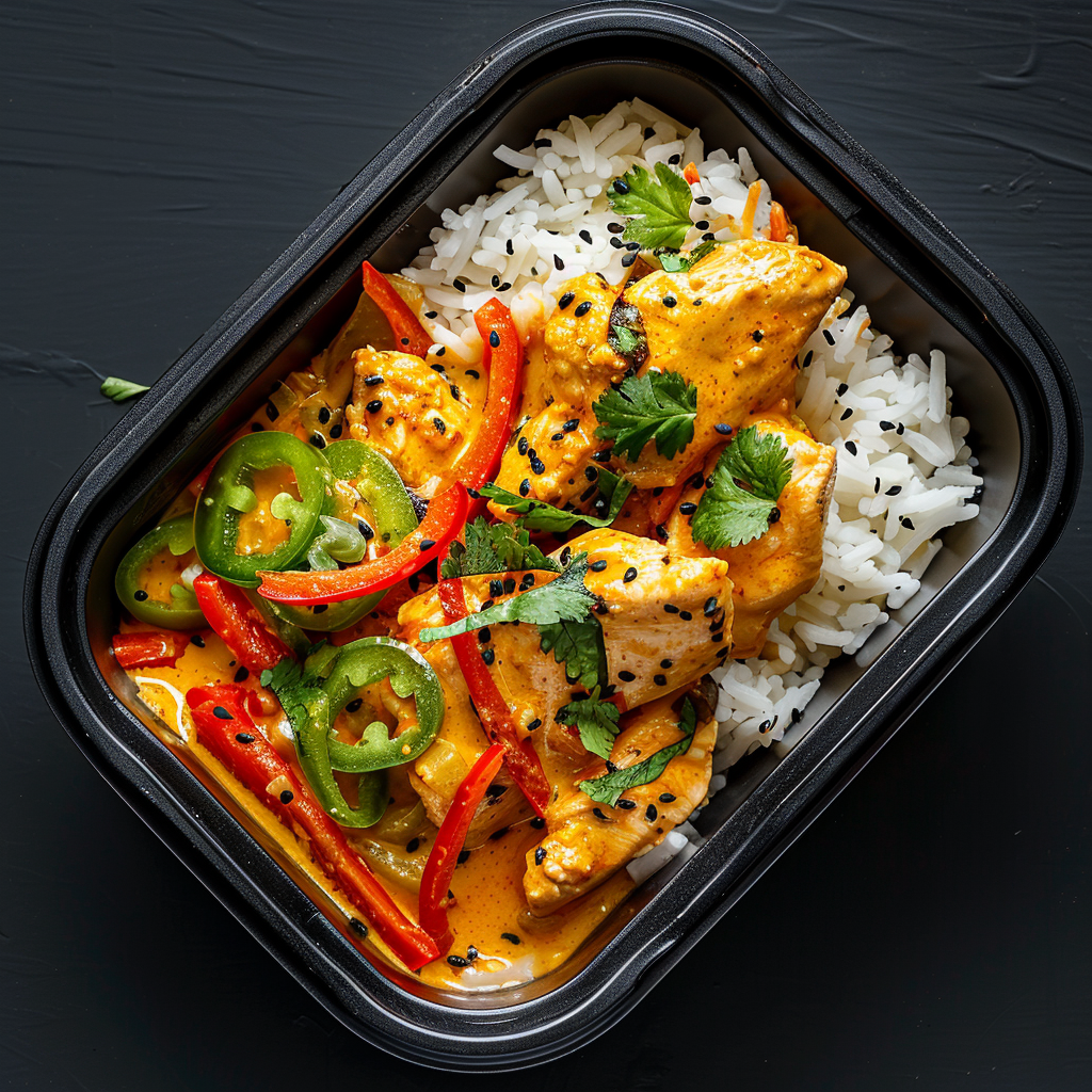 Coconut Chicken with Bell Peppers and Steamed Rice