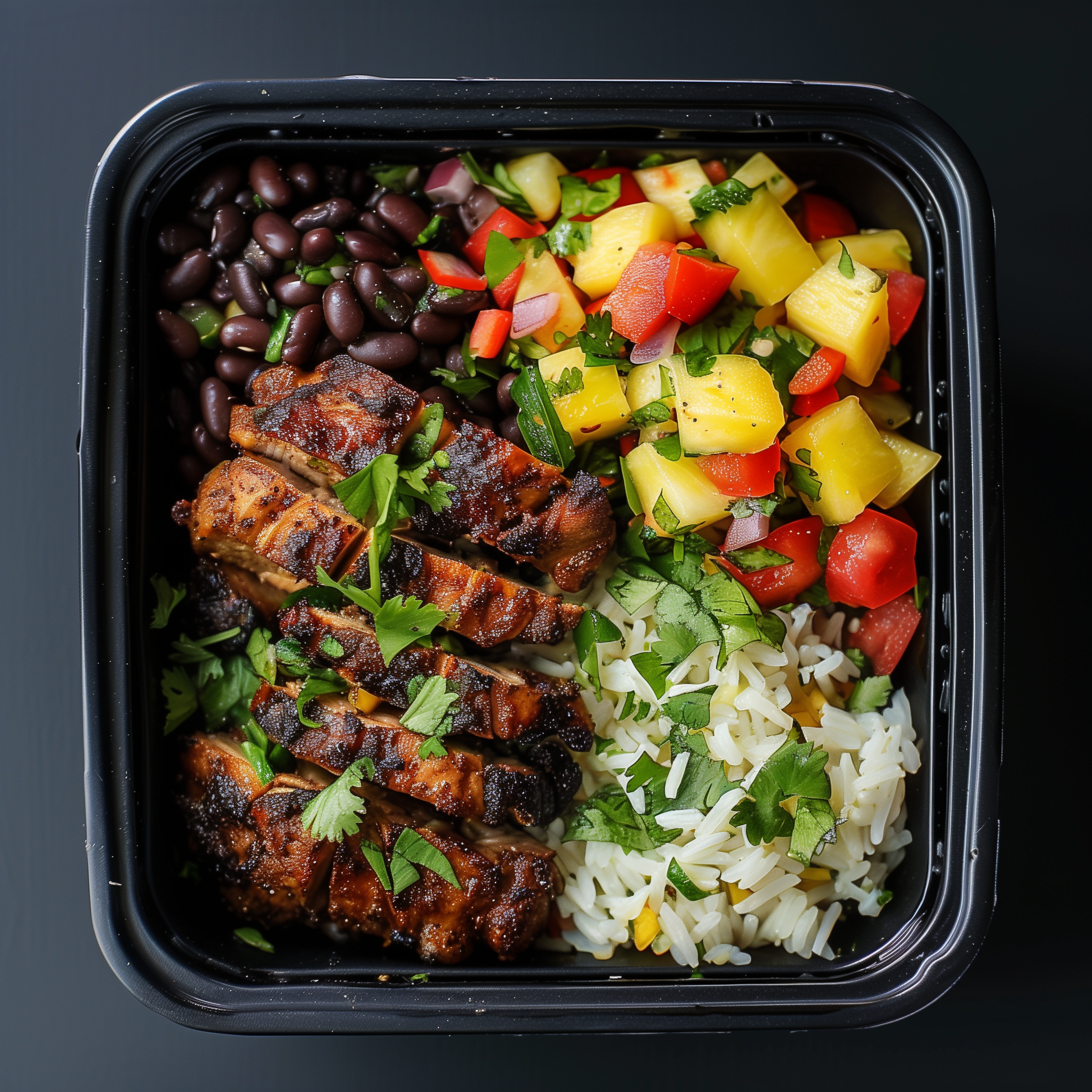 Jerk Chicken over Black Bean Pineapple Salsa and Cilantro Rice