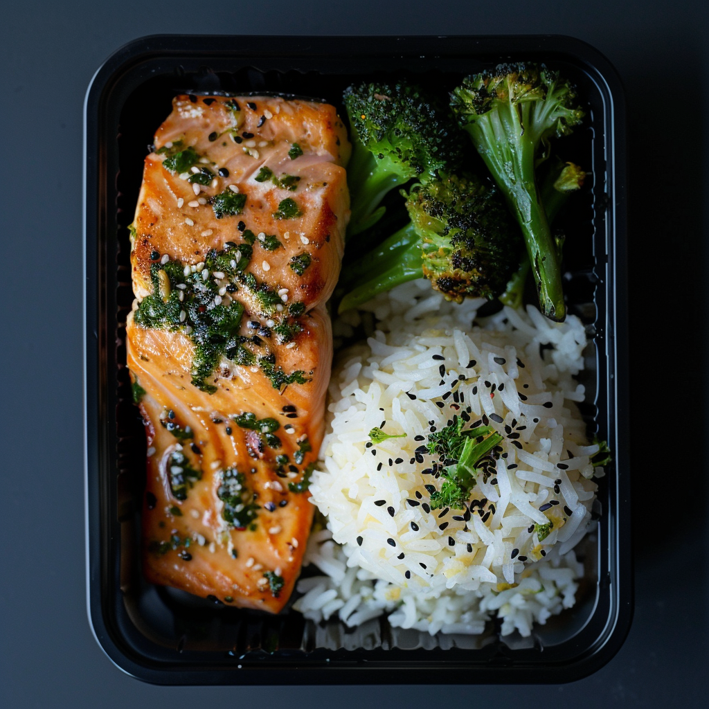 Lemon Dijon Herb Salmon over Steamed Rice and Broccoli