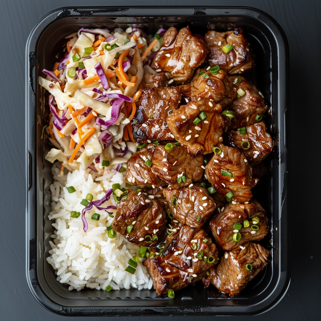 Teriyaki Steak Bites over White Rice and Cabbage Slaw