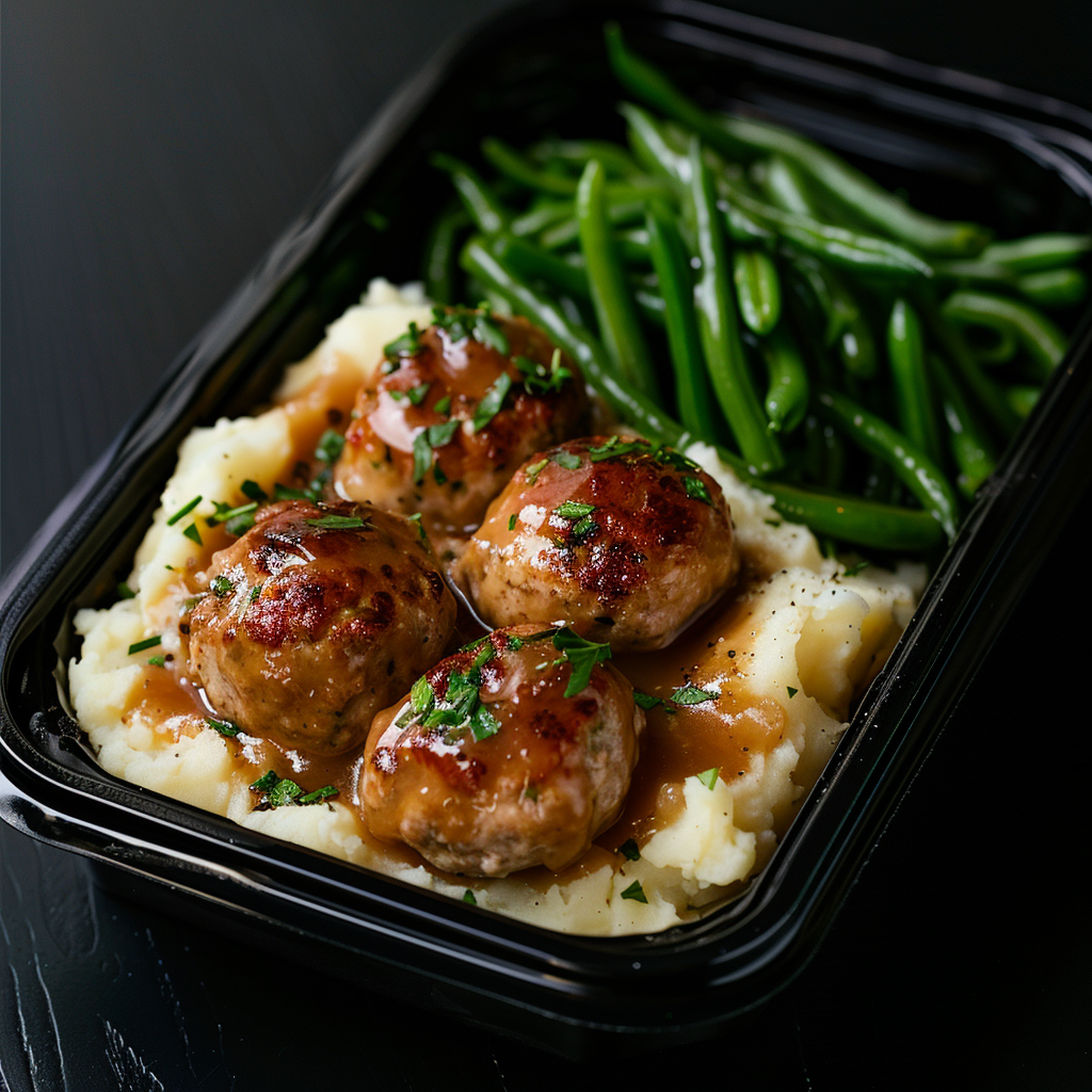 Turkey Swedish Meatballs over Mashed Potatoes and Green Beans