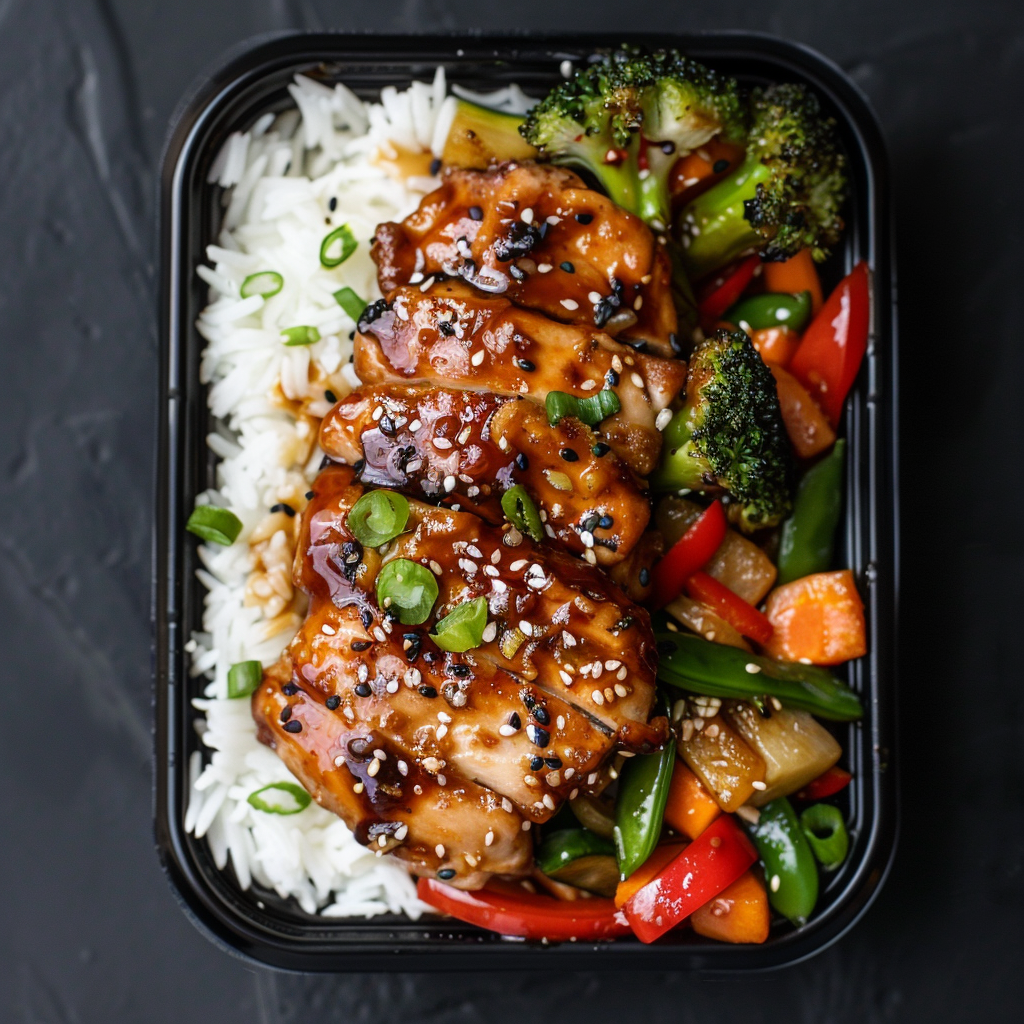 BBQ Char Siu Chicken Thighs over Steamed Rice and Stir Fry Vegetables