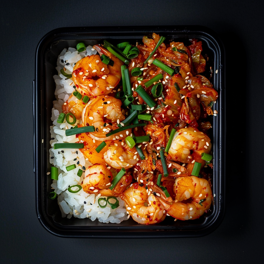 Gochujang Seasoned Shrimp over Soy Rice and Kimchi