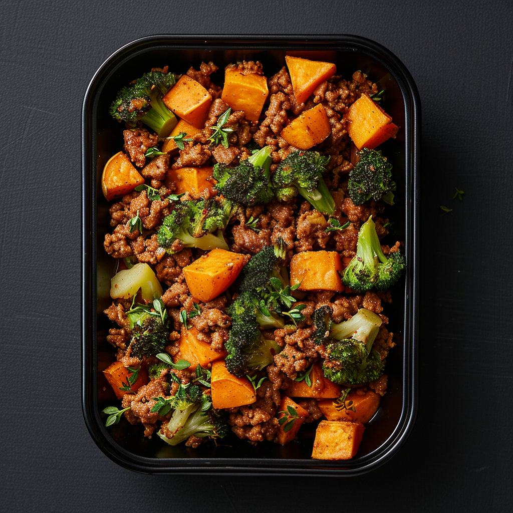 BBQ Ground Beef with Roasted Sweet Potatoes and Broccoli