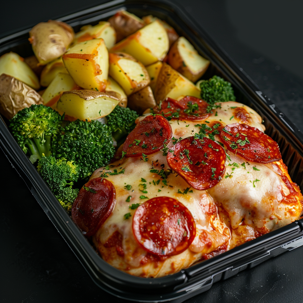 Pepperoni Mozzarella Chicken Bake over Roasted Potatoes and Broccoli