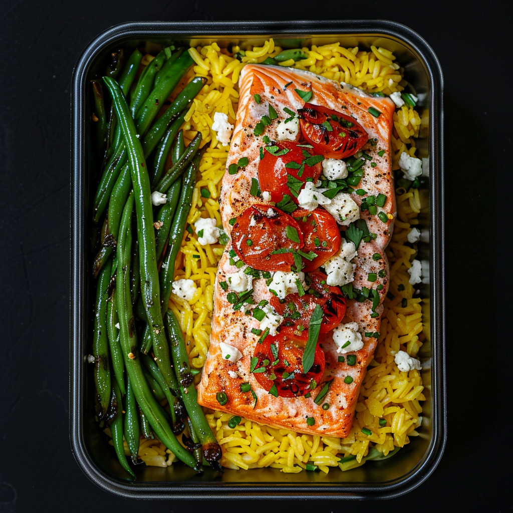 Cherry Tomato & Goat Cheese Salmon over Saffron Rice
