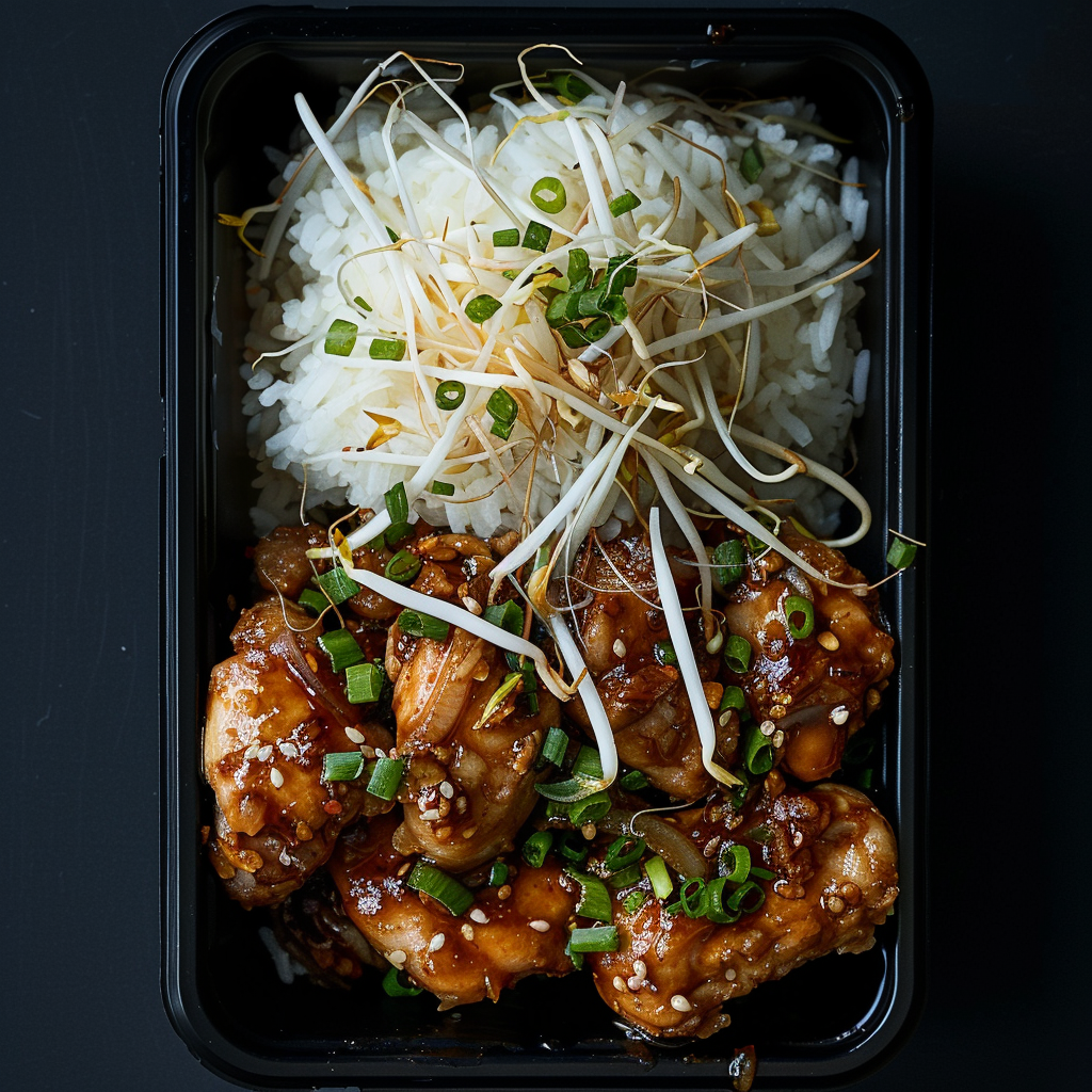 Bang Bang Chicken Thighs over Steamed Rice and Bean Sprouts
