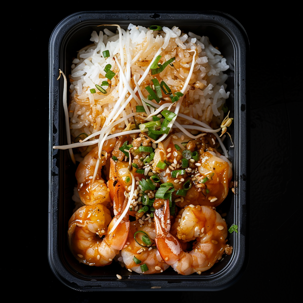 Bang Bang Shrimp over Steamed Rice and Bean Sprouts