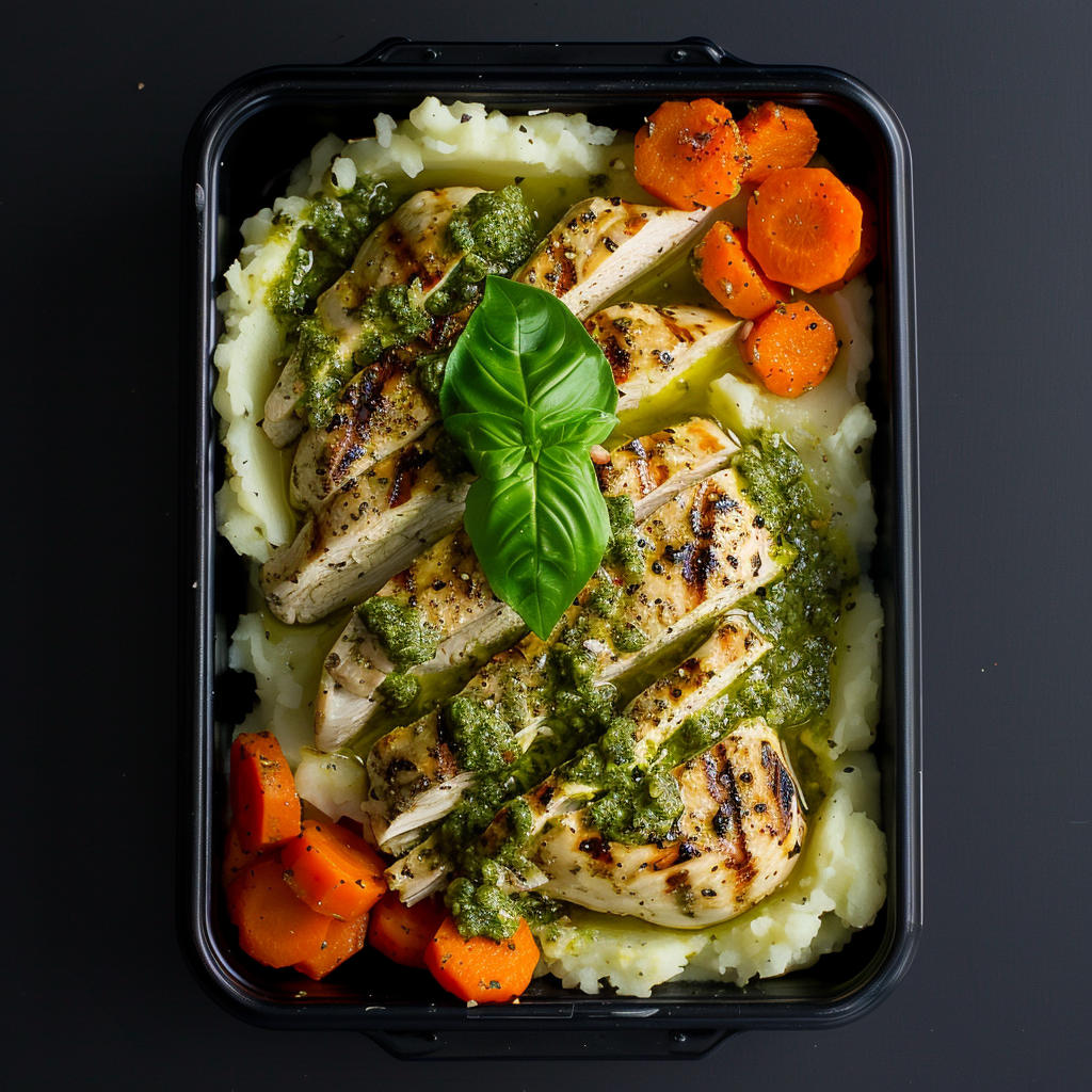 Creamy Pesto Chicken Breast over Mashed Potatoes and Carrots