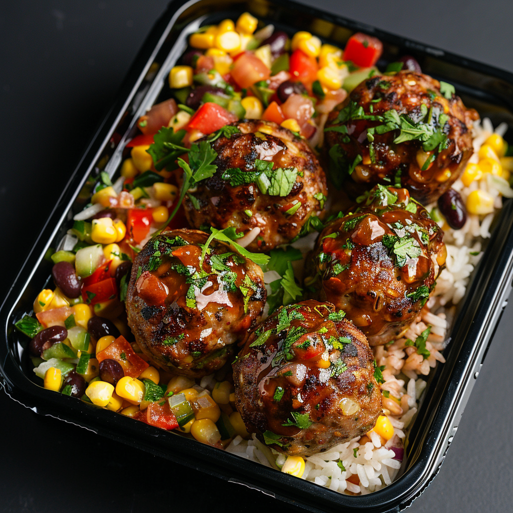 Honey Jerk Turkey Meatballs over Cilantro Rice and Salsa