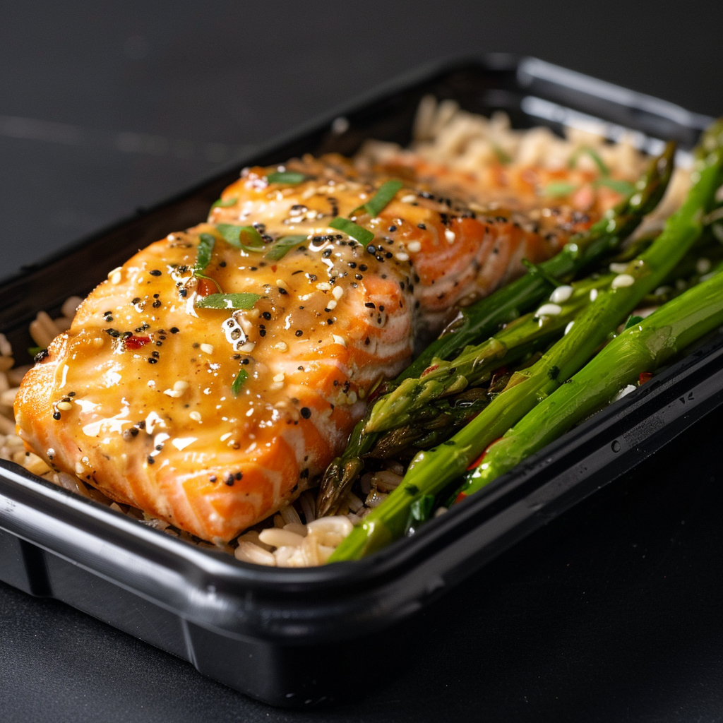 Honey Mustard Salmon Fillet over Brown Rice and Asparagus