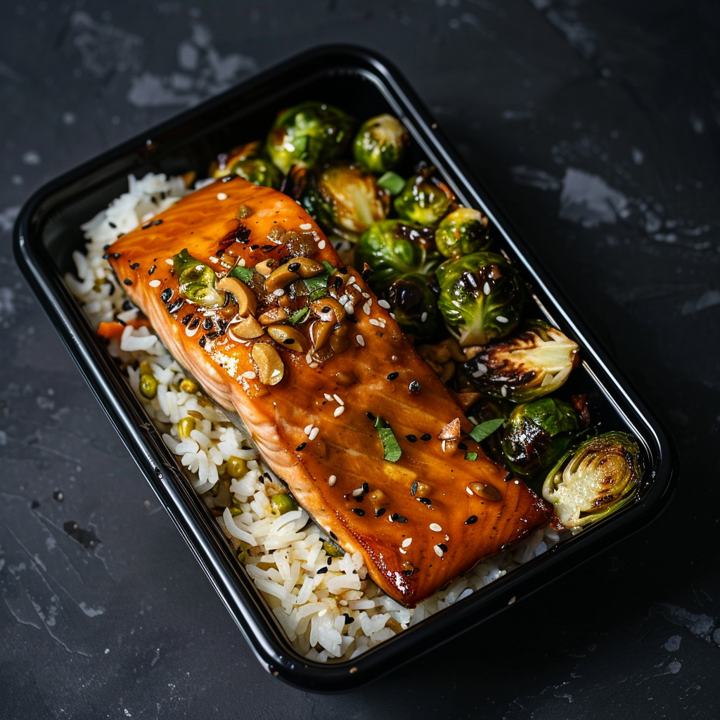 Honey Soy Garlic Salmon over White Rice and Brussel Sprouts