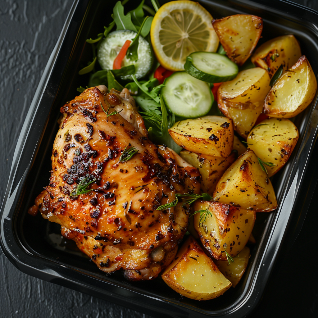 Lemon and Herb Chicken over Potatoes and Cucumber Lemon Salad