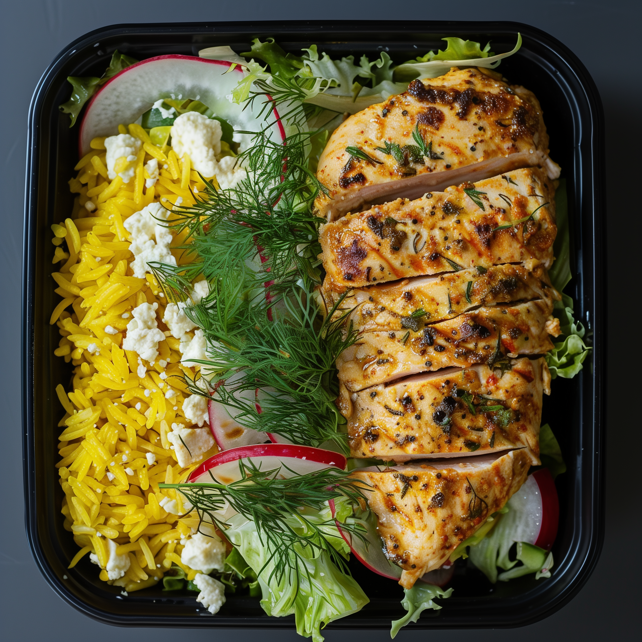 Spiced Yogurt Chicken over Yellow Rice and Salad