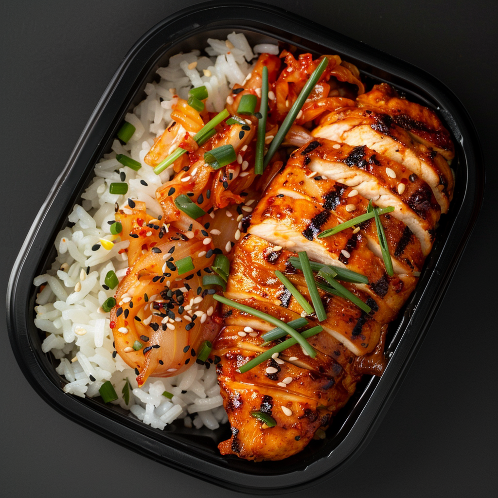Gochujang Chicken Breast over Soy Rice and Kimchi
