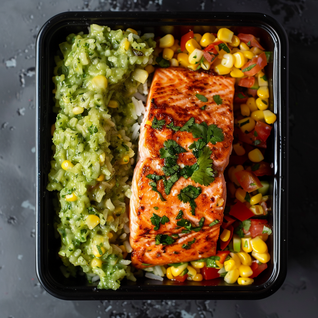 Cilantro Lime Salmon over Green Rice and Corn Salsa