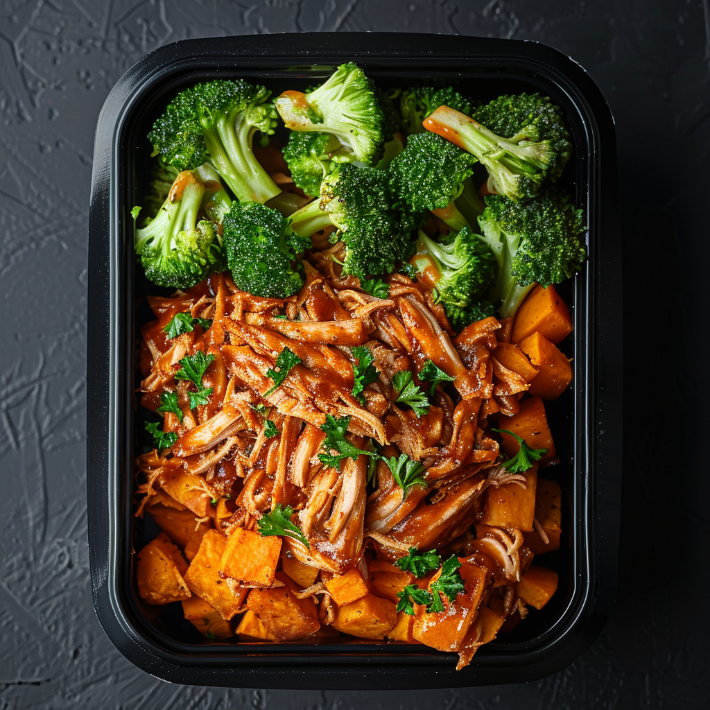 BBQ Shredded Chicken with Sweet Potatoes and Broccoli