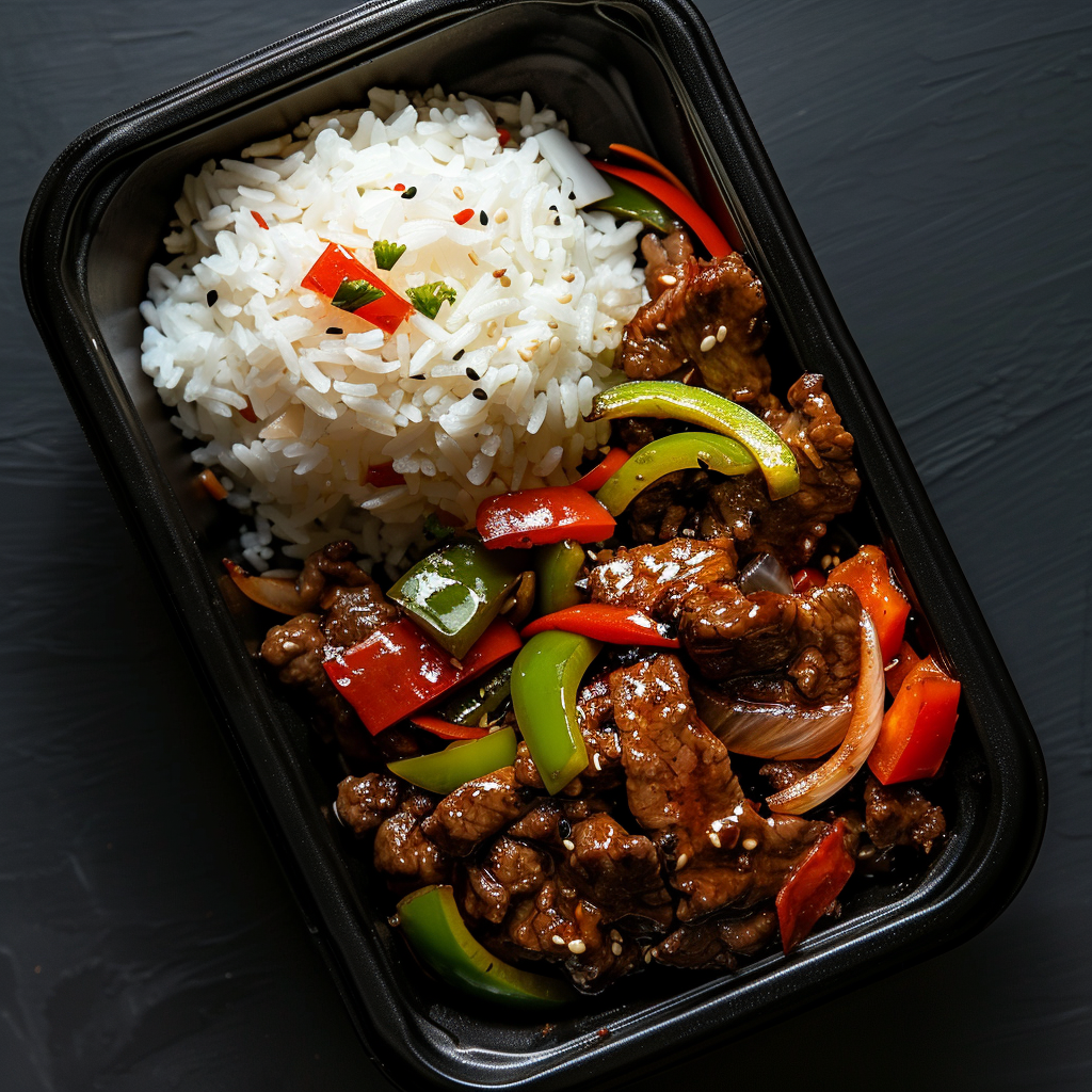Black Pepper Beef over Steamed White Rice and Bell Pepper