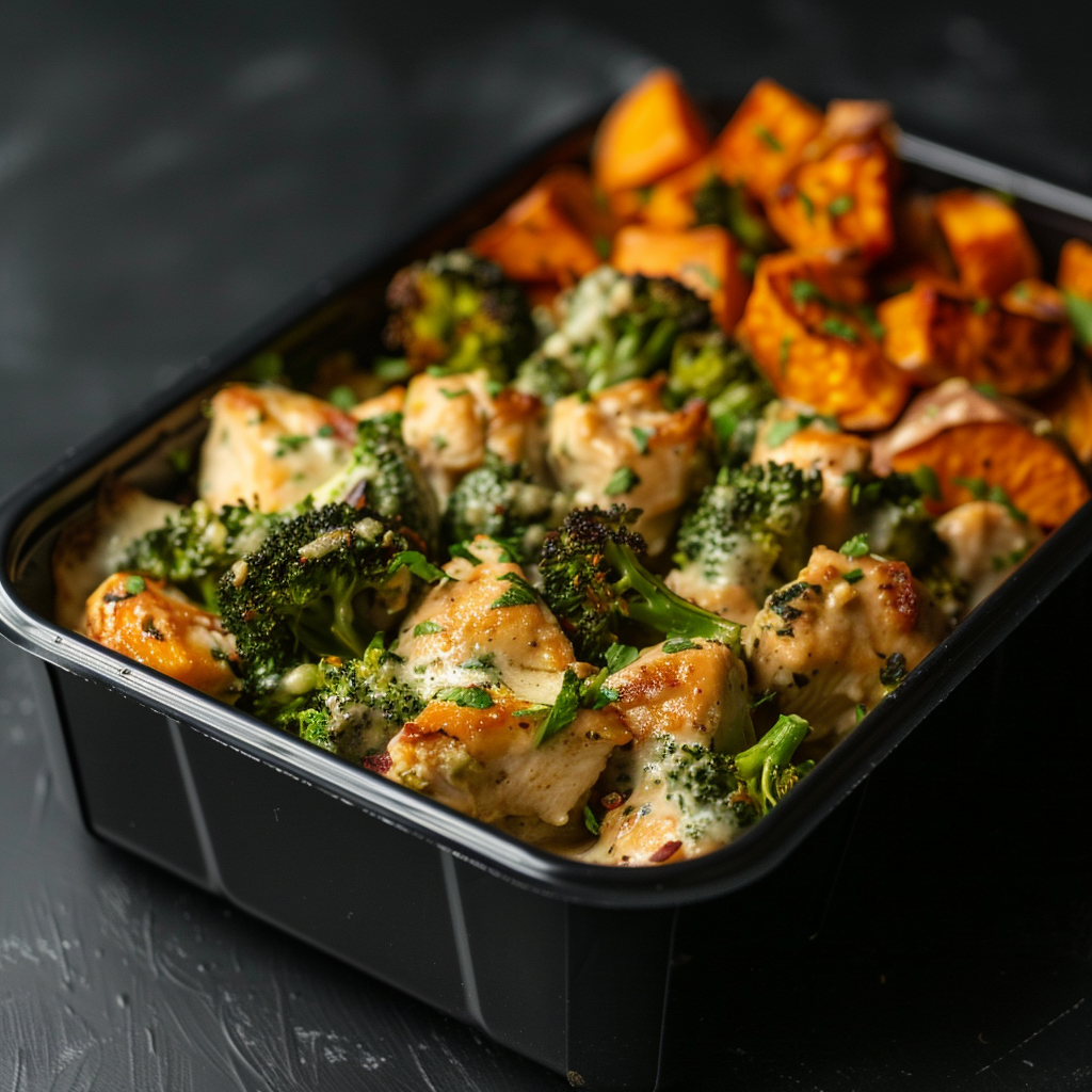 Creamy Garlic Chicken and Broccoli Bake over Sweet Potatoes