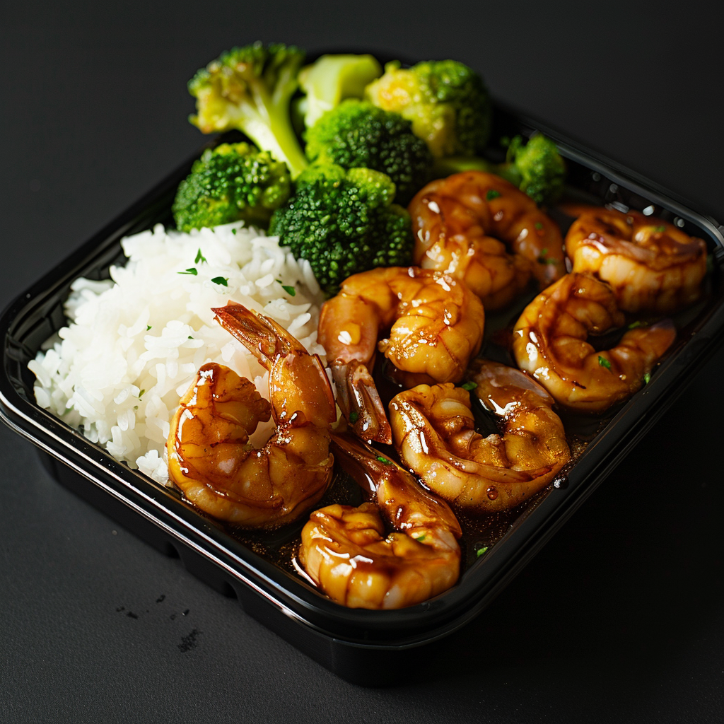 Teriyaki Shrimp with Steamed Rice and Broccoli
