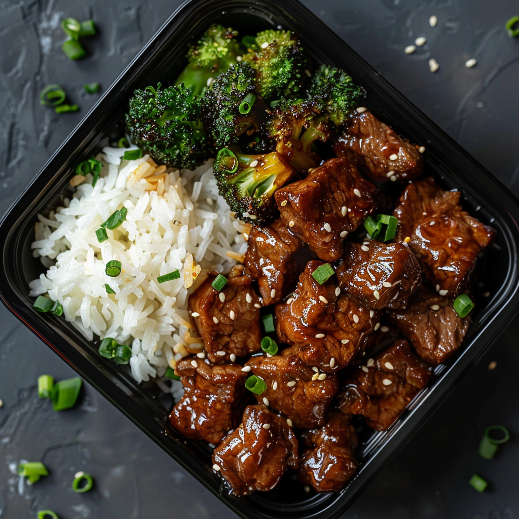 Teriyaki Steak Bites with Steamed Rice and Broccoli