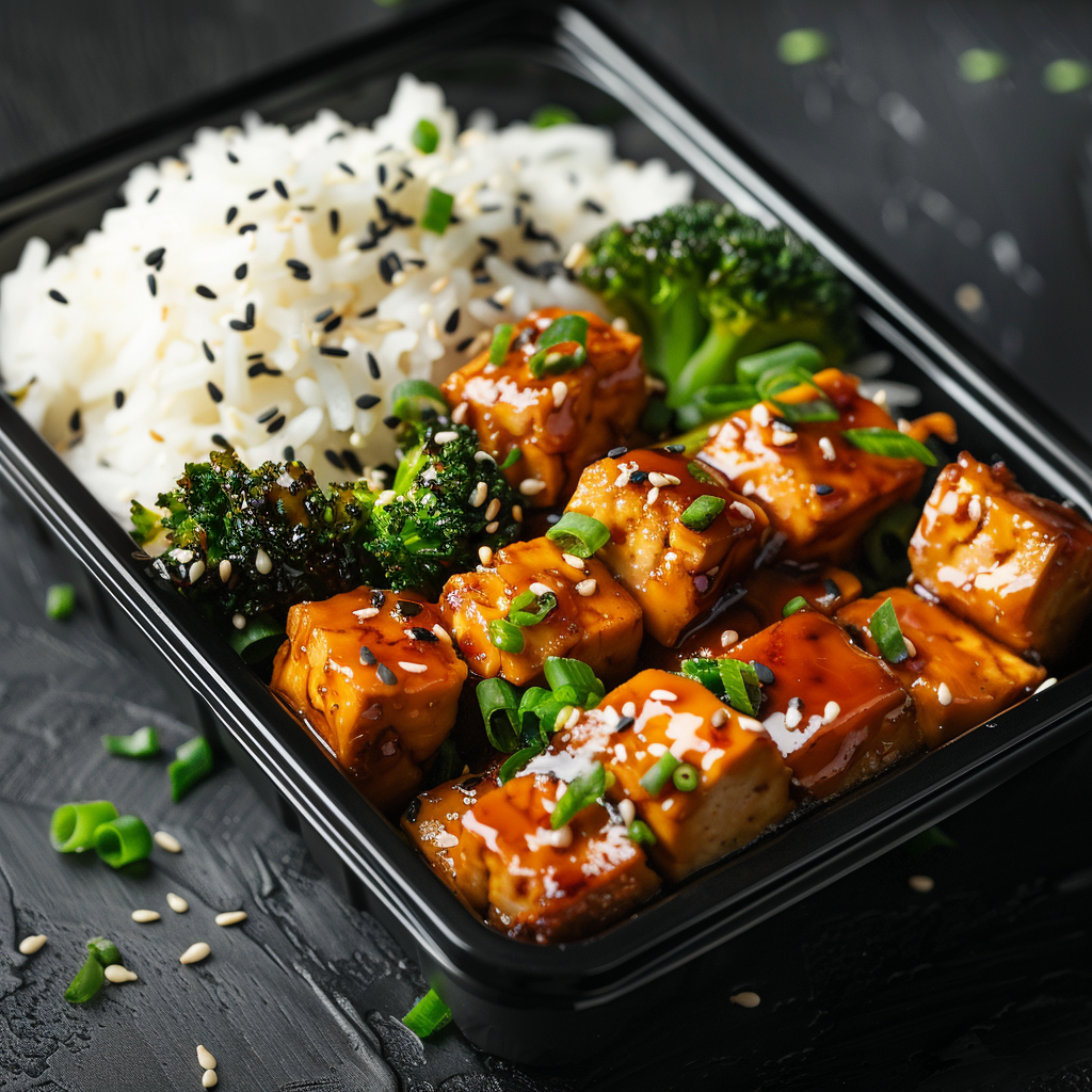 Teriyaki Tofu Bites with Steamed Rice and Broccoli