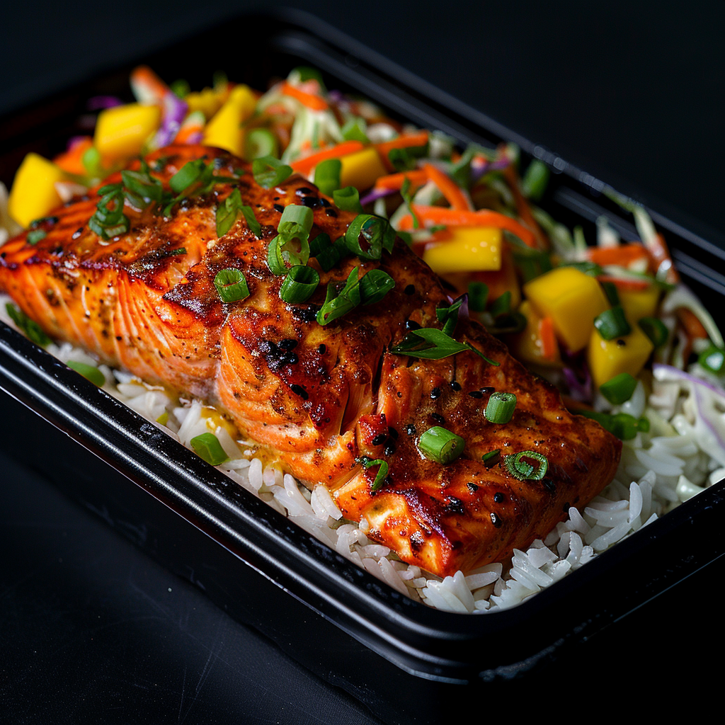 Salmon Fillet with Coconut Rice and Mango Slaw