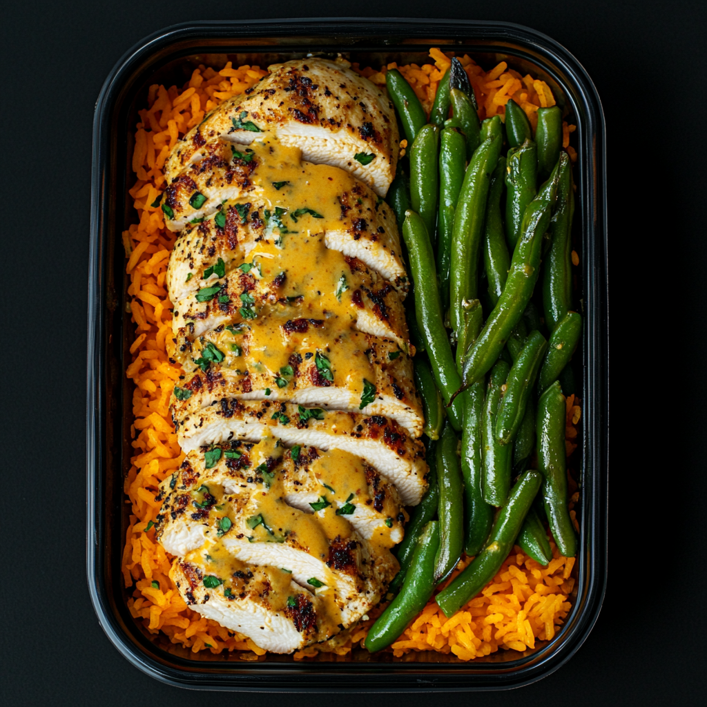 Peri Peri Chicken Breast over Tomato Rice and Green Beans