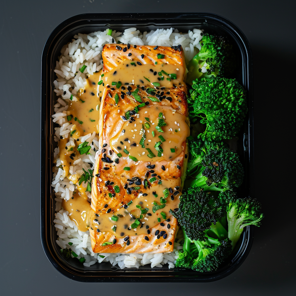 Baked Honey Mustard Salmon over Rice and Broccoli