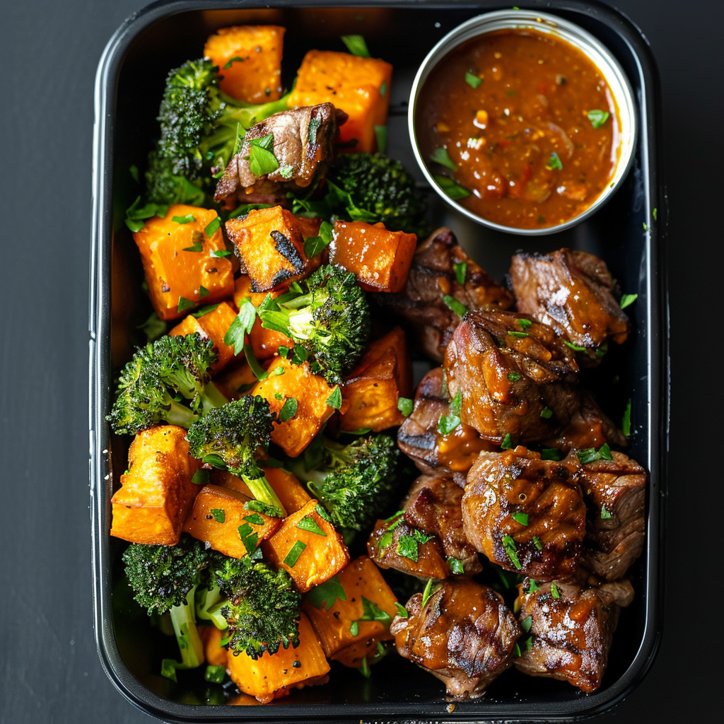 Grilled Peri Peri Steak Bites with Sweet Potatoes and Broccoli