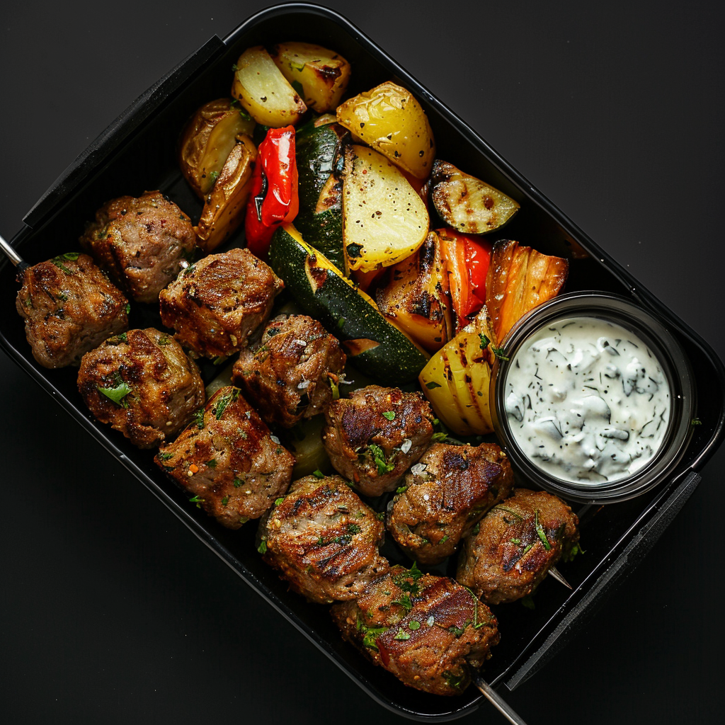 Ground Beef Kebab over Roasted Potatoes and Vegetables