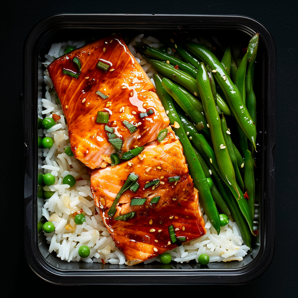 Teriyaki Salmon over White Rice and Garlic Green Beans