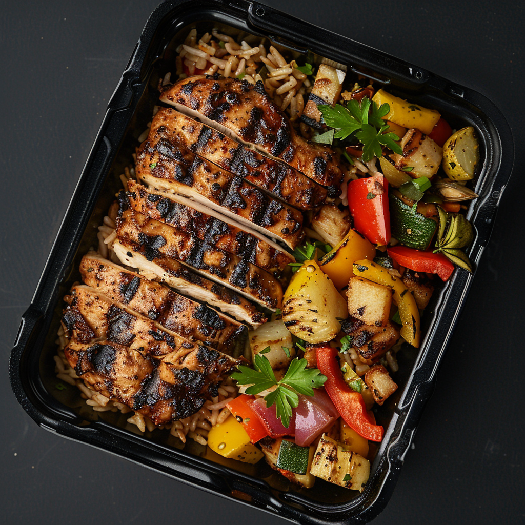 Jerk Chicken over Jambalaya Rice and Roasted Vegetables