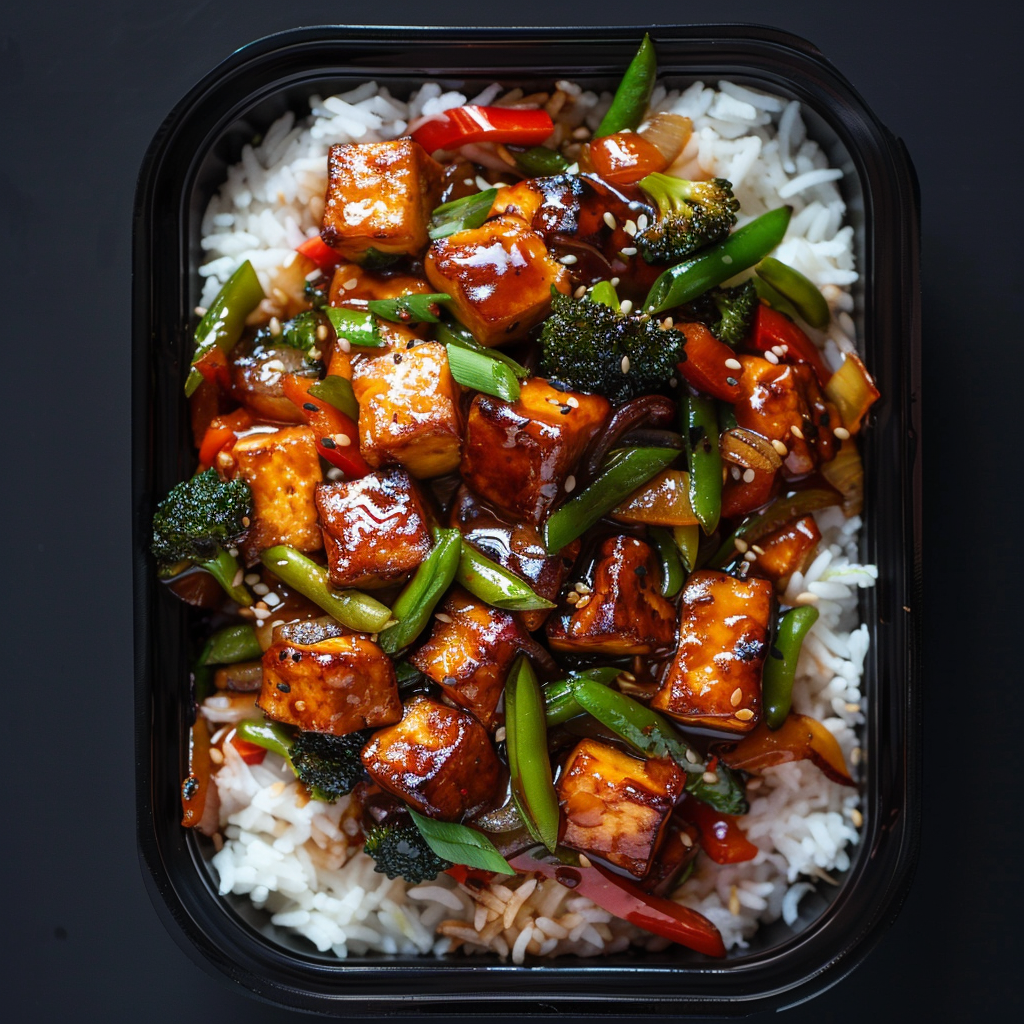 BBQ Char Siu Glazed Tofu over Steamed Rice and Stir Fry Vegetables