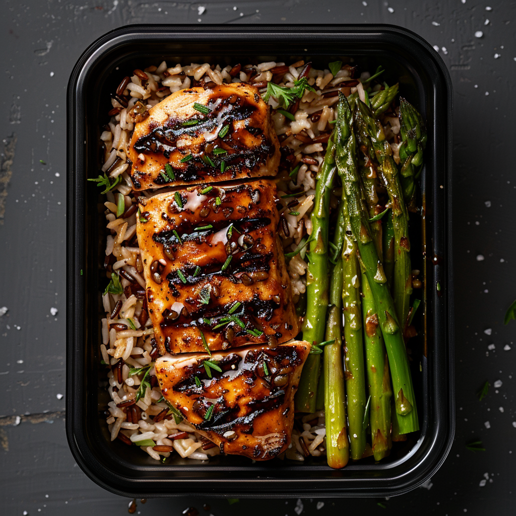 Grilled Balsamic Chicken Breast over Wild Rice and Asparagus