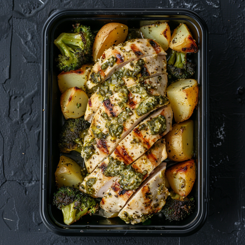 Creamy Pesto Chicken over Roasted Potatoes and Broccoli