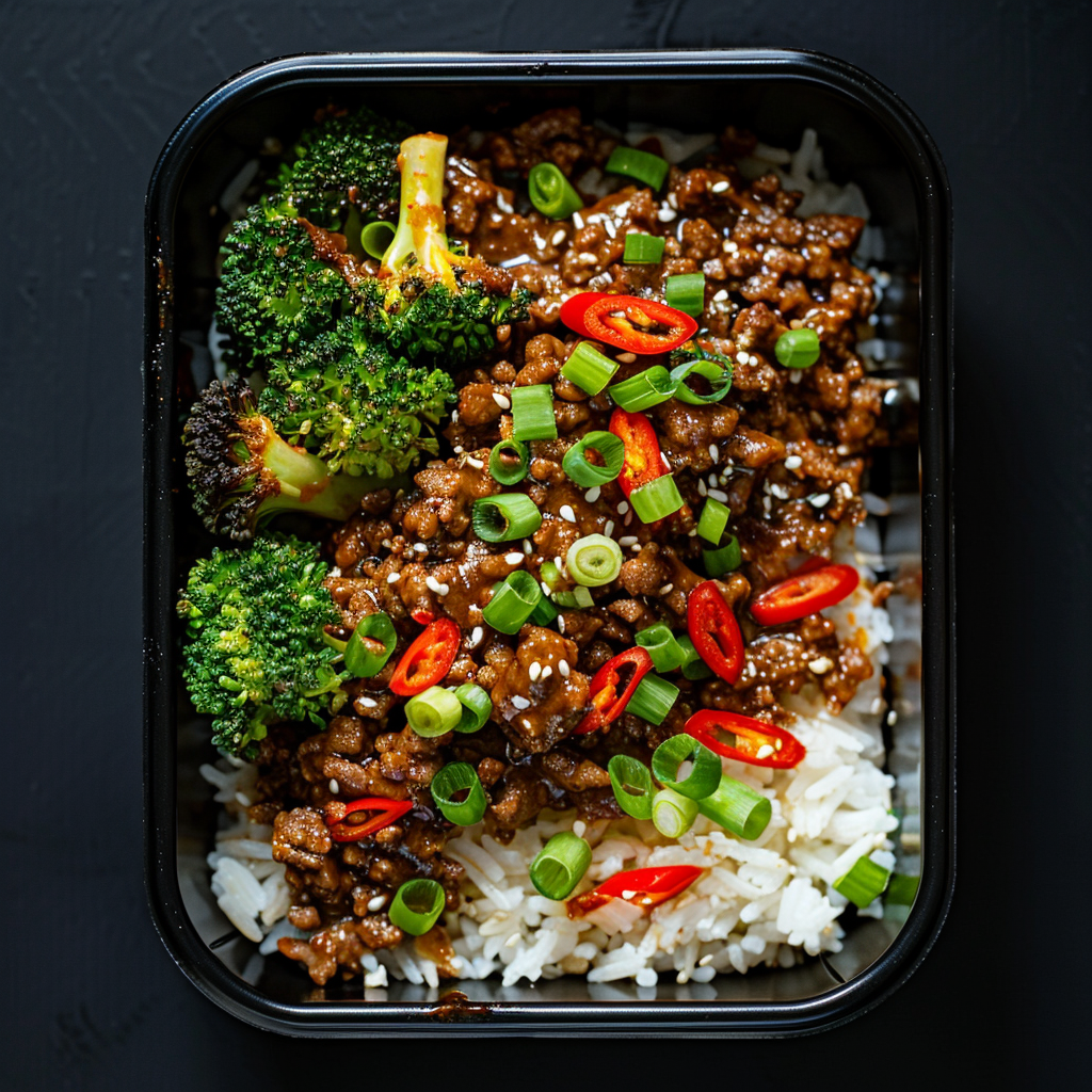 Firecracker Ground Beef Bowl with Steamed Rice and Broccoli