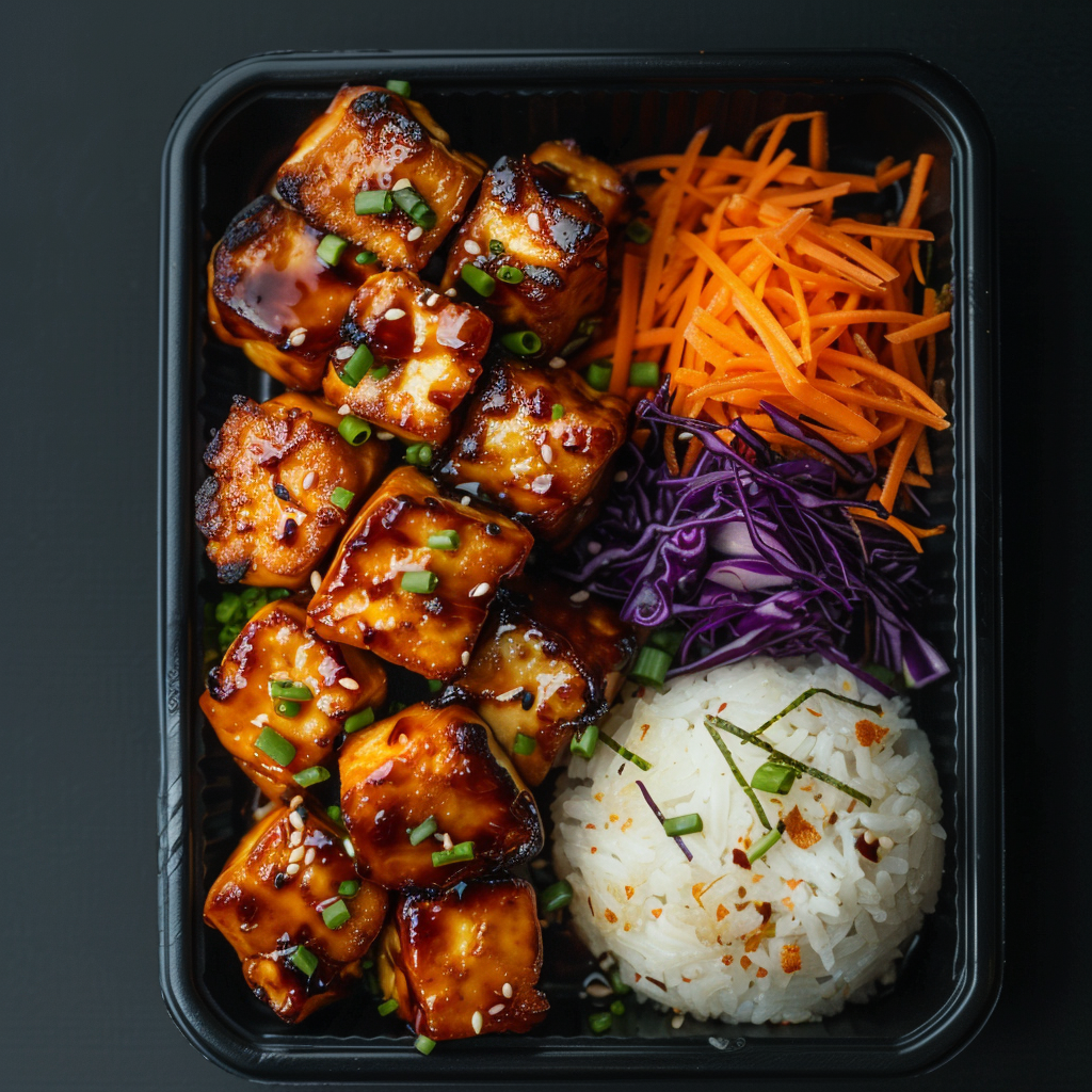 Glazed Tofu Yakitori Bites over Steamed Rice and Vegetables