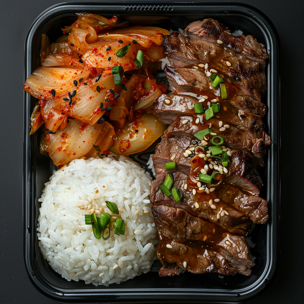 Korean Galbi Flank Steak over Steamed Rice and Kimchi
